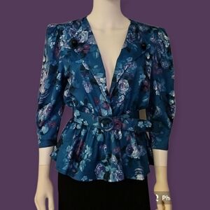 VTG 1980s TABBY Teal Floral Surplice Belt Waist Peplum Castlecore Blouse
